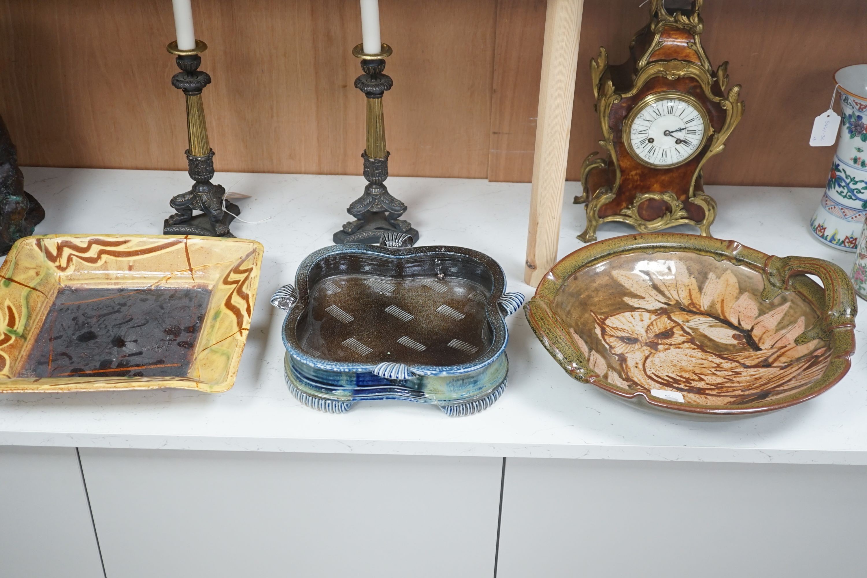 A Jane Hamlyn studio pottery dish, together with a David E. Eles owl dish and one other (3), David E Eles dish 42.5 cms diameter.